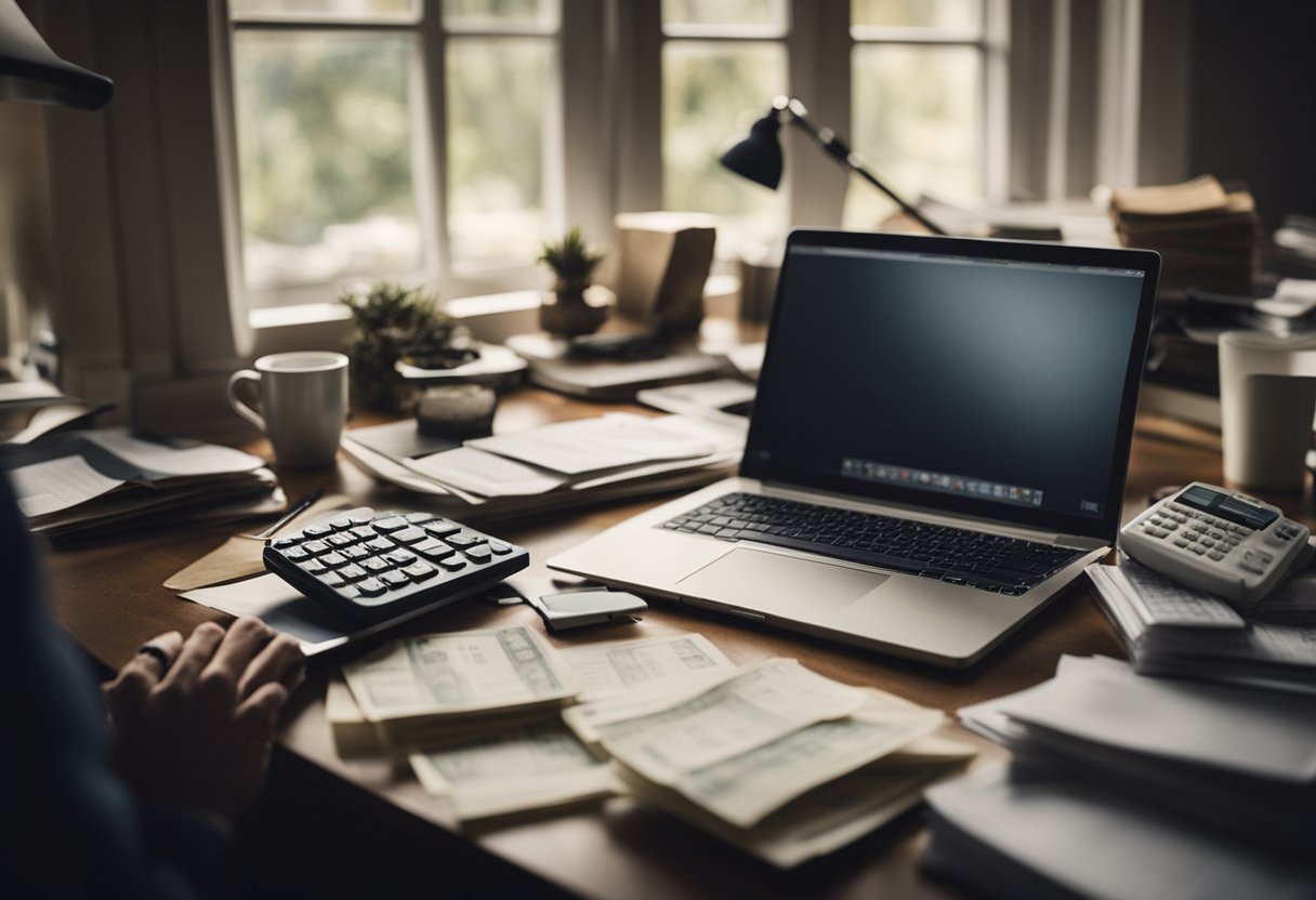 A cluttered desk with bills, a calculator, and a laptop. A person reviewing and organizing bills, with a sense of determination and focus