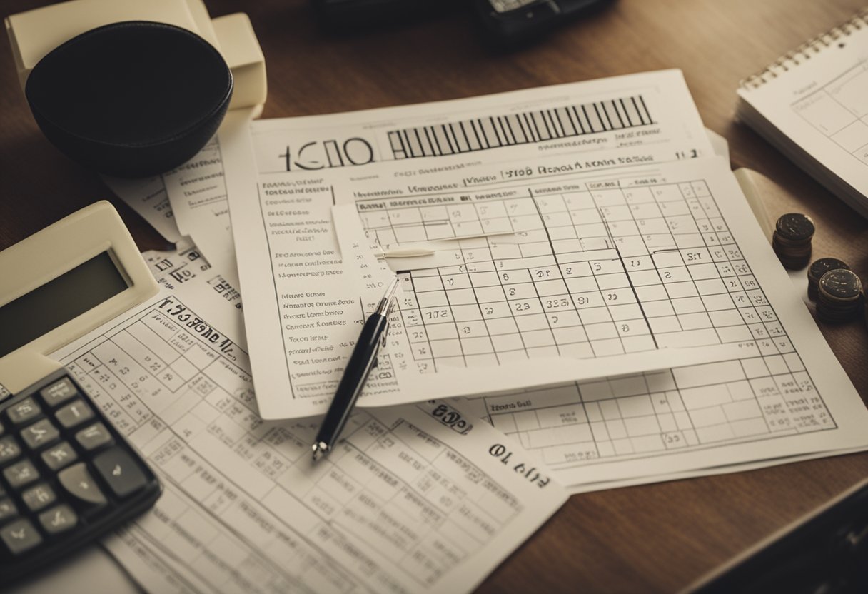 A desk with a calculator, tax forms, and a pen. A calendar showing the current month. A checklist of financial goals