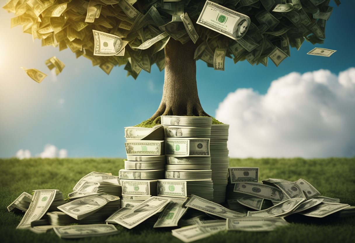 A stack of money growing from a tree, with arrows pointing upwards to symbolize increasing cash flow. Other cash-flowing assets like real estate or stocks in the background