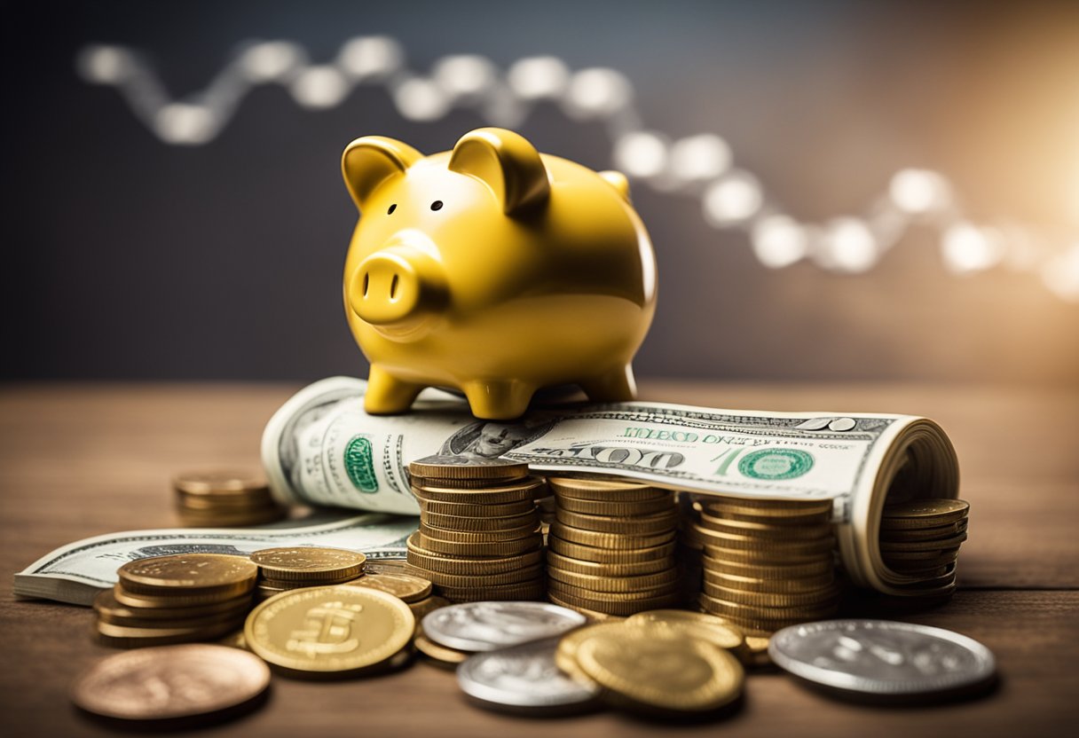 A piggy bank overflowing with coins and dollar bills, surrounded by graphs showing an upward trend. A sign reads "Increase Retirement Contributions" above the piggy bank