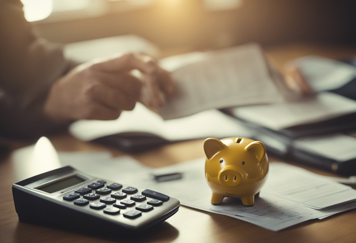 A person completing a financial literacy course, surrounded by symbols of financial success such as a piggy bank, a calculator, and a stack of bills