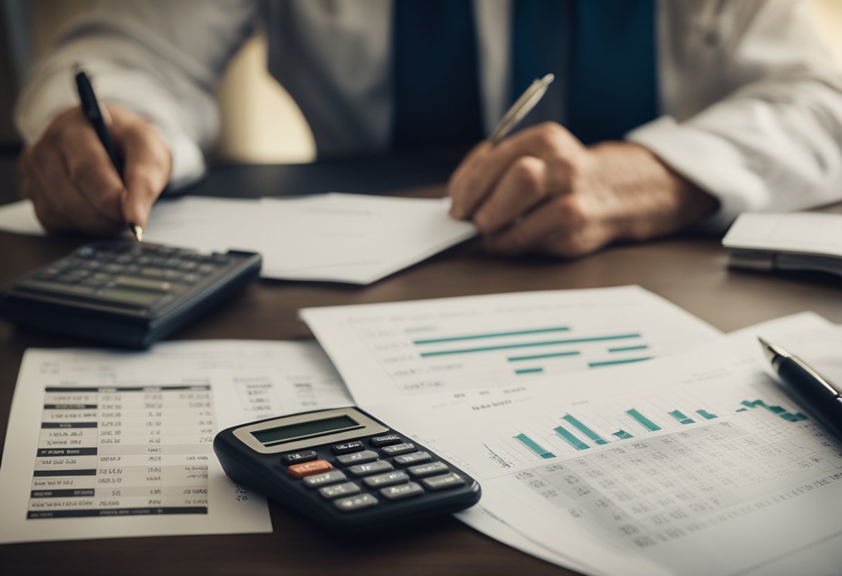 A table with financial documents, calculator, and retirement savings plan charts spread out, with a person's hand holding a pen making notes