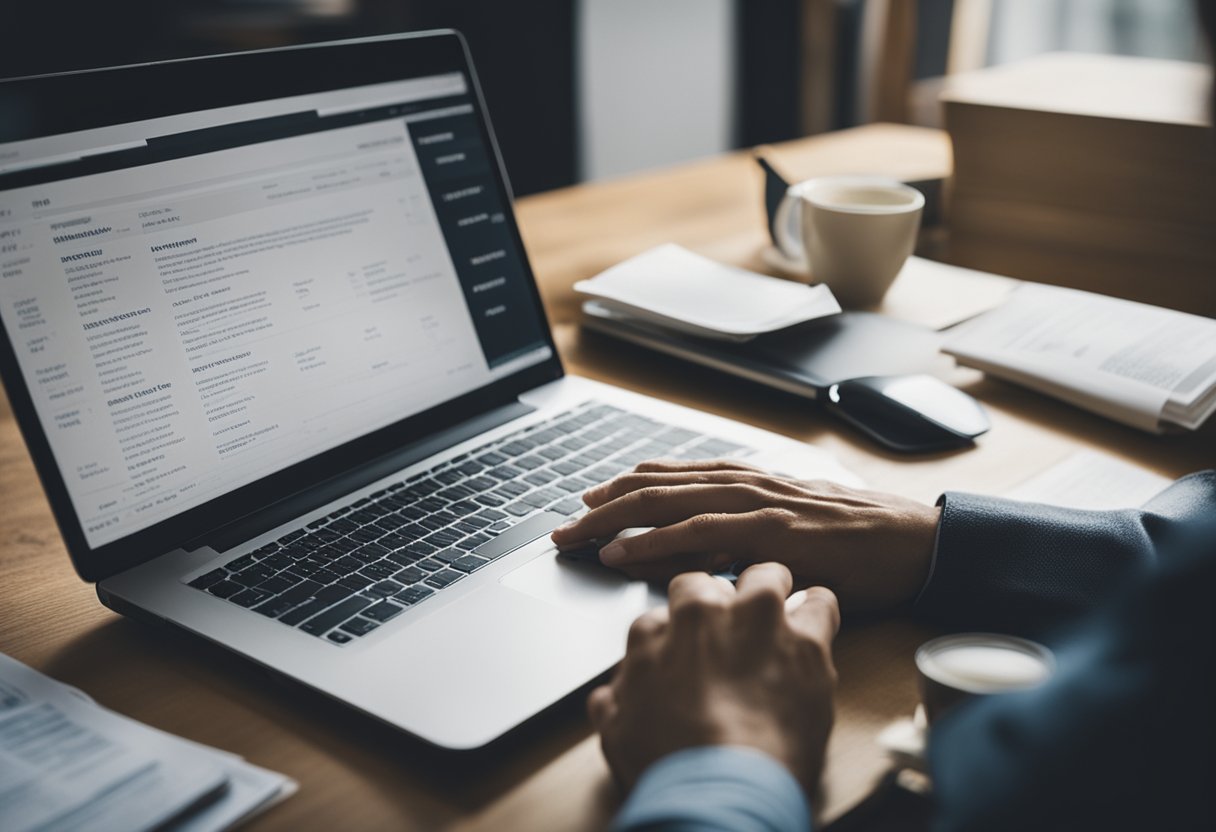 A person researching franchise options online, surrounded by open laptop, financial documents, and a list of potential franchise opportunities