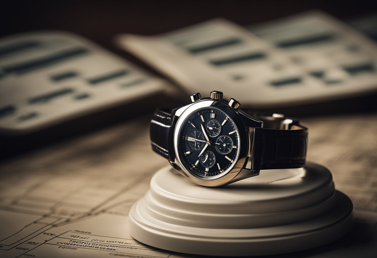A luxury watch perched on a pedestal, surrounded by financial charts and graphs. A shadow looms over, representing the risks and challenges of luxury watch investing