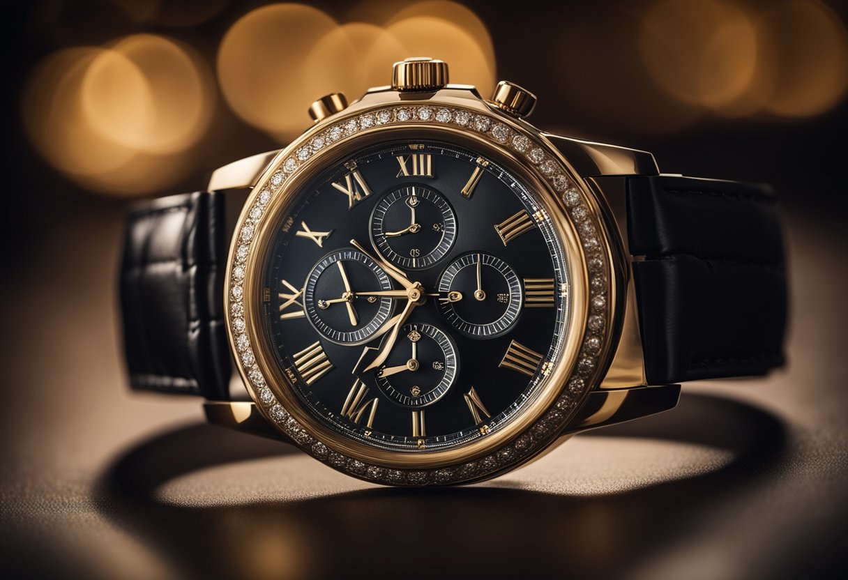 A luxurious watch displayed in a sophisticated setting, surrounded by elegant decor and subtle lighting to convey exclusivity and investment potential