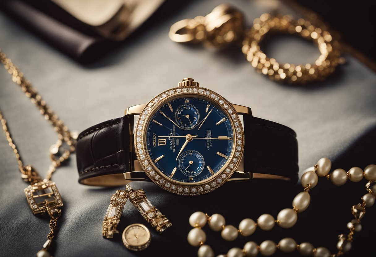 A luxurious watch displayed on a velvet cushion, surrounded by elegant jewelry and a stack of financial reports