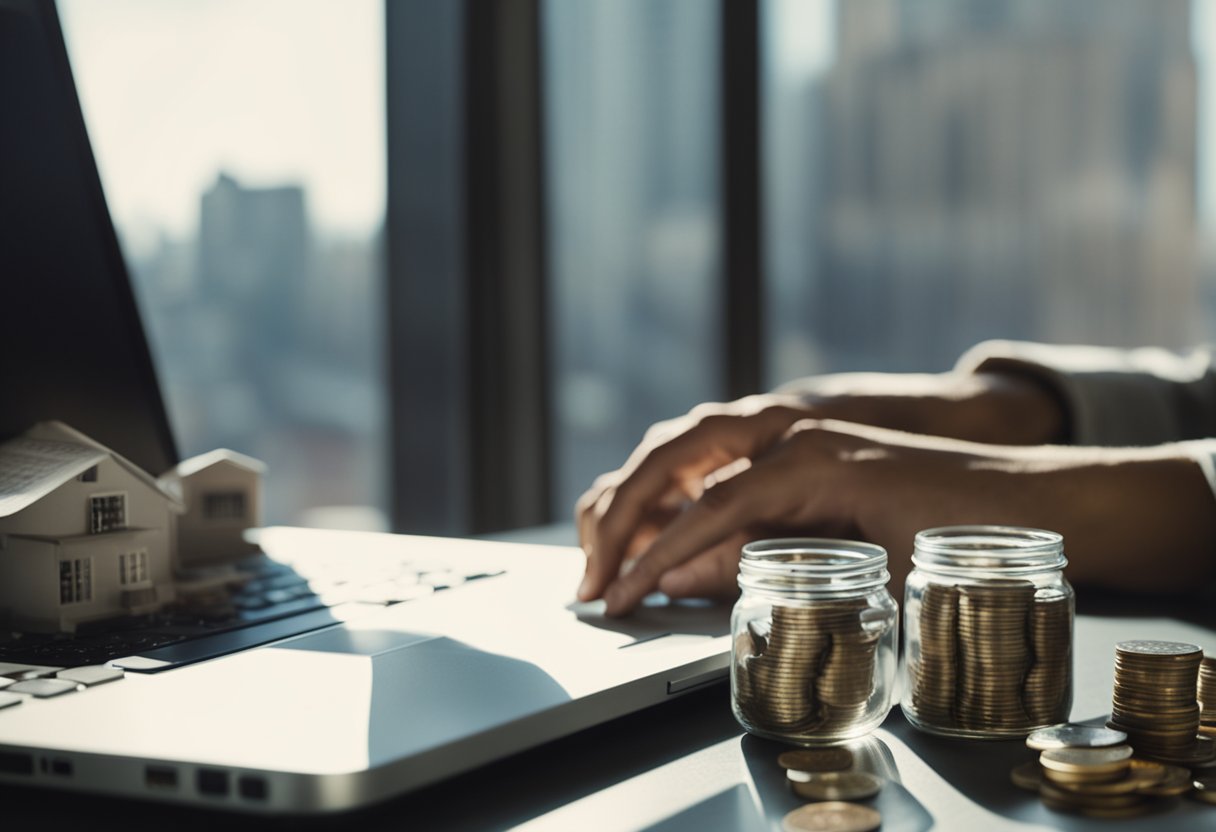 A person working on a laptop surrounded by financial documents and a calculator. A piggy bank and a jar of coins sit on the desk. Outside the window, a bustling cityscape can be seen