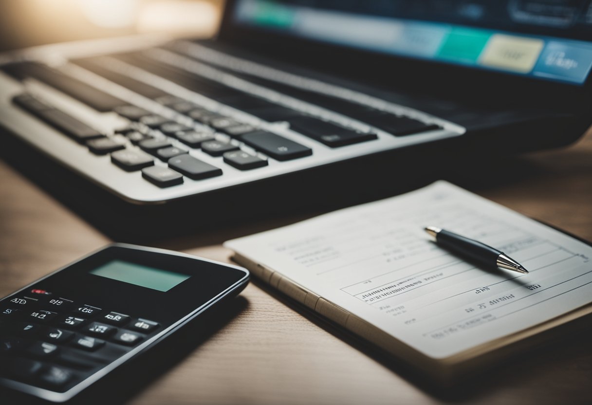 A laptop displaying financial graphs and charts, surrounded by a calculator, notepad, and pen. A smartphone with banking app open. A stack of books on personal finance