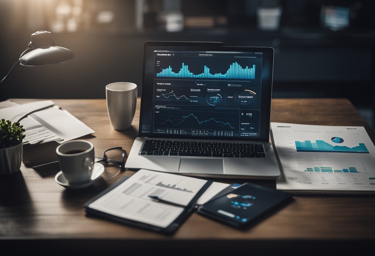 A laptop displaying website purchase and monetization tips, surrounded by financial charts and graphs