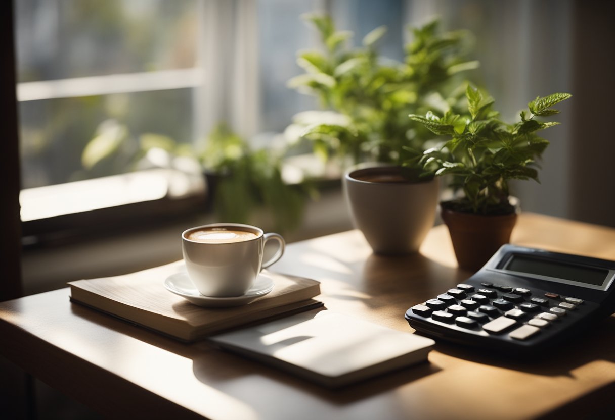 A cozy living room with a stack of financial books, a calculator, a laptop, and a cup of coffee on a table. A plant sits in the corner, and a window lets in natural light