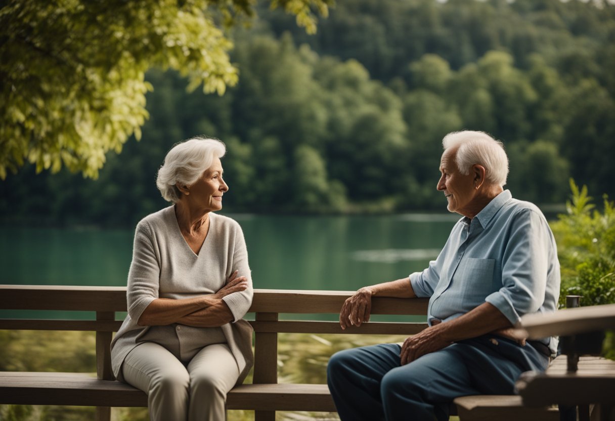 A serene elderly couple sitting on a porch, surrounded by lush greenery and a peaceful lake, as they discuss the financial advantages of the 4% Rule in Retirement