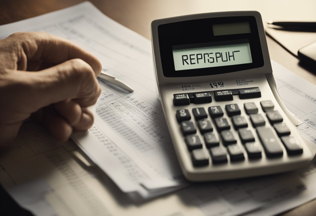 The scene depicts a table with a financial report showing the 4% rule. A hand points to criticisms and limitations, while a retirement calculator sits nearby