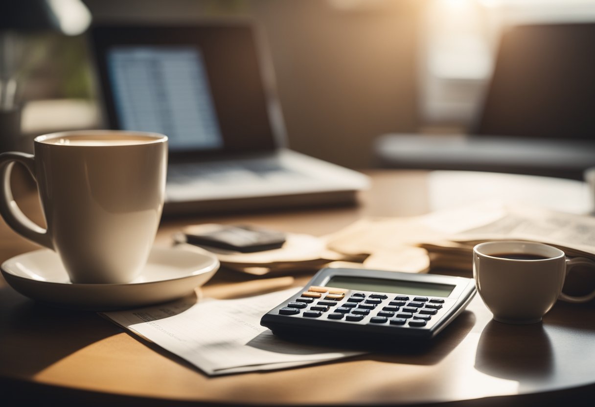 A serene, sunlit retirement scene with a calculator, financial charts, and a stack of bills on a desk, surrounded by a cozy armchair and a cup of coffee