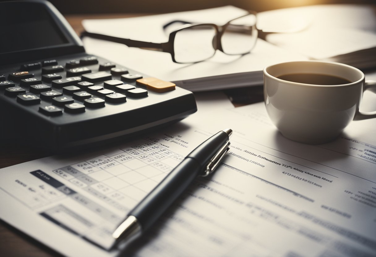 A stack of financial documents on a desk, with a calculator and pen nearby. A retirement savings graph on the computer screen
