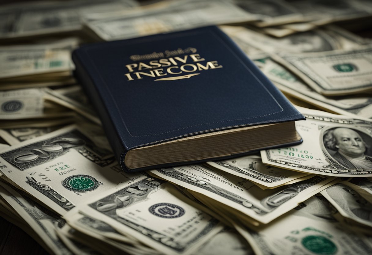 A stack of self-published books with a "7 Surprising Facts About Passive Income Streams" title on the cover, surrounded by dollar bills and a royalty check