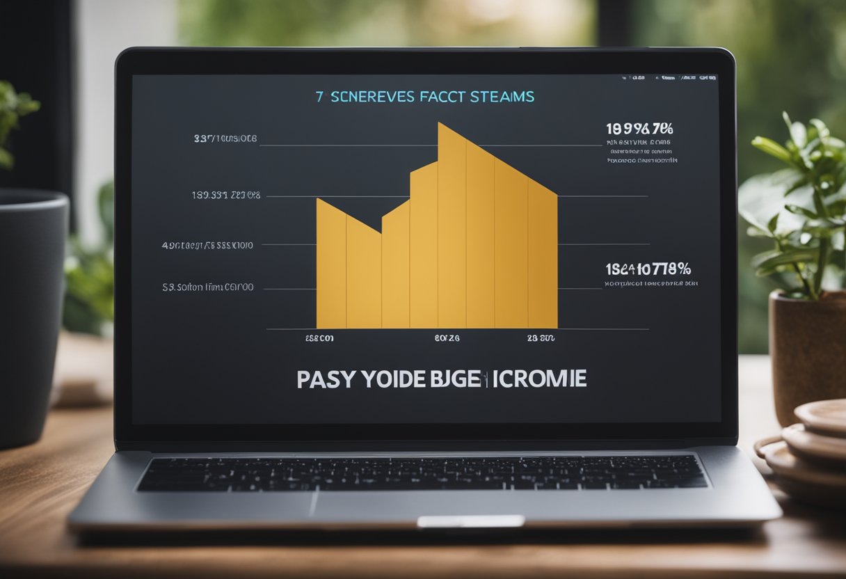 A laptop displaying a YouTube channel with "7 Surprising Facts About Passive Income Streams" video. A graph showing increasing ad revenue