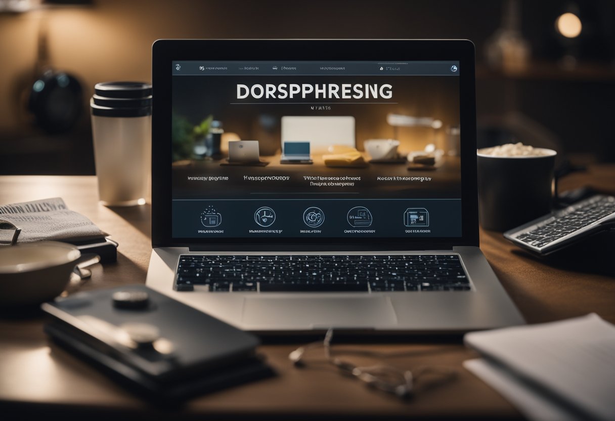 A laptop with a dropshipping website on the screen, surrounded by various products and a flowing stream of income symbolizing passive earnings