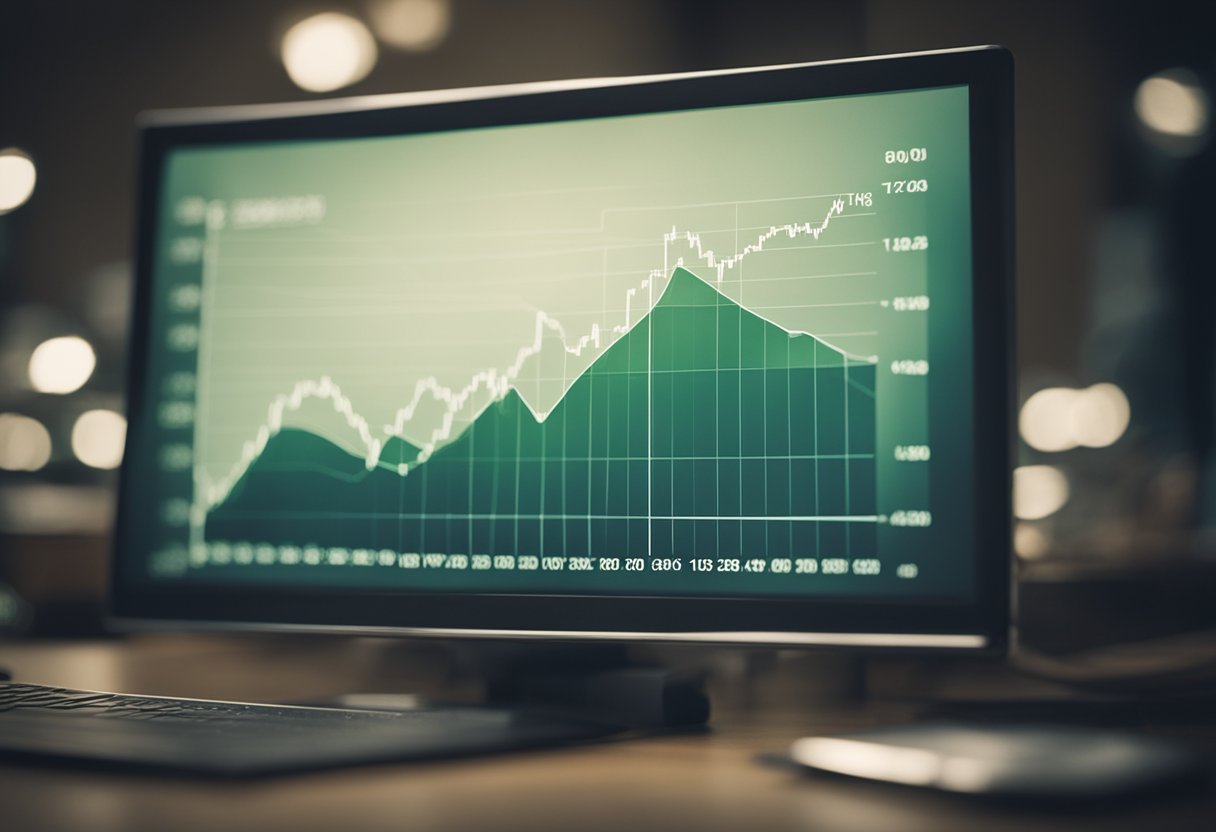 A computer screen displaying a graph with a rising line representing earnings from peer-to-peer lending. A stack of money grows in the background