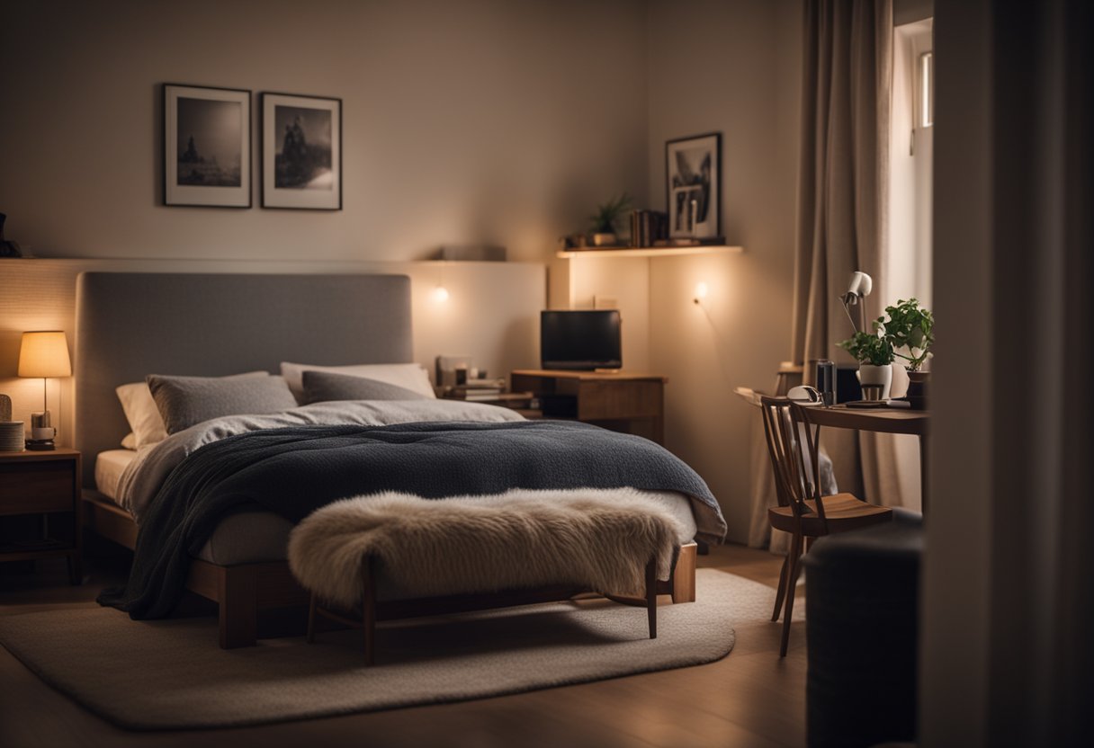 A cozy spare room with a comfortable bed, desk, and chair. The room has a welcoming atmosphere with soft lighting and a small bookshelf