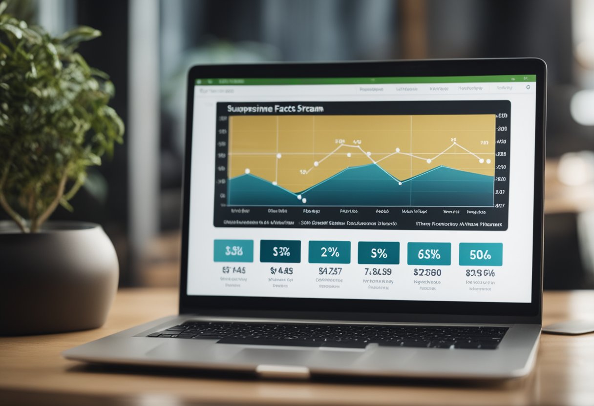 A laptop displaying a blog post titled "7 Surprising Facts About Passive Income Streams" with a graph showing increasing affiliate earnings