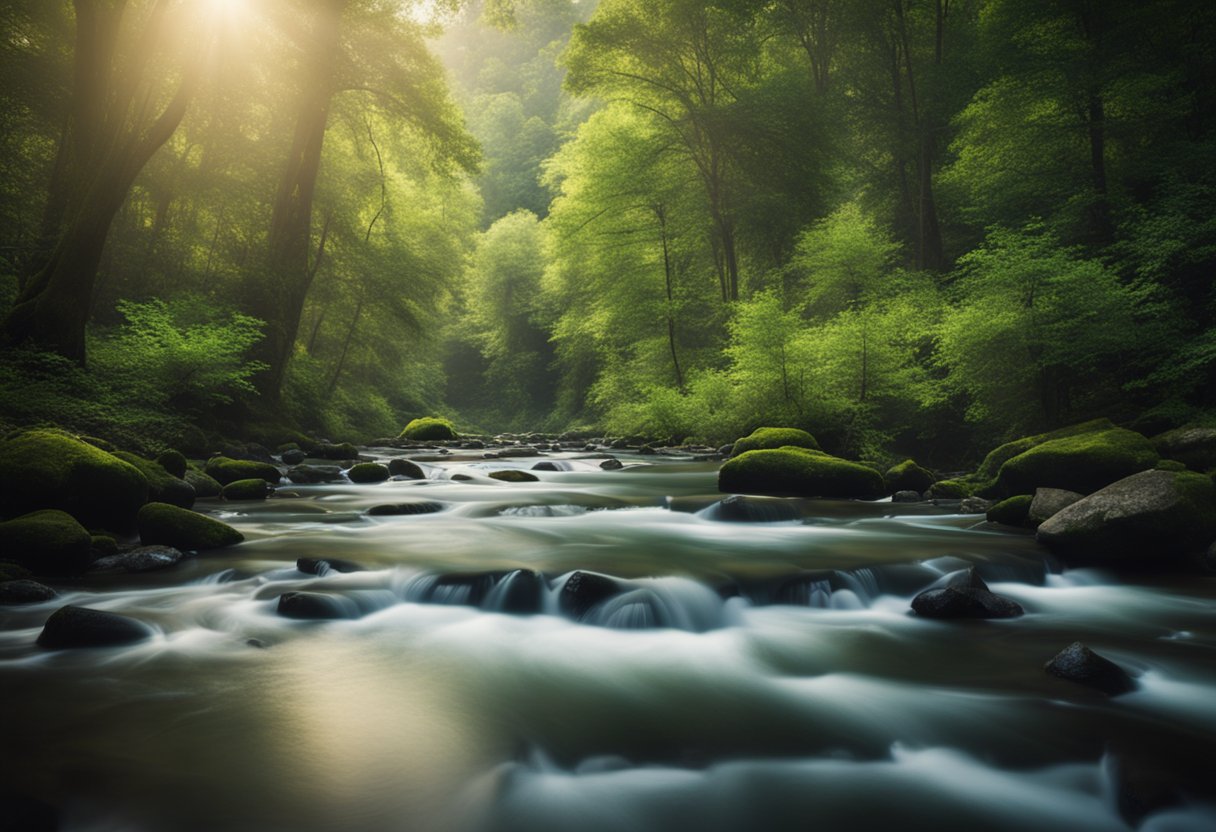 A serene river flowing through a lush forest, with multiple streams of income floating above it, representing the concept of passive income