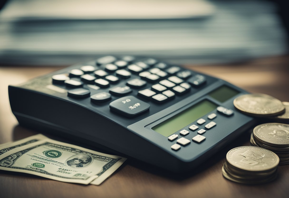 A stack of money sits on a scale, tilting towards the "passive income" side. A calculator and tax forms are scattered nearby. Graphs and charts show income streams
