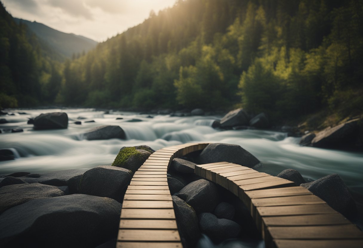 A winding path leads to a narrow bridge over a rushing river, symbolizing the challenges and risks of passive income. Seven surprise boxes float downstream, representing the surprising facts waiting to be discovered