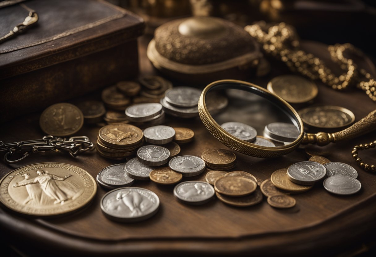 A table covered in antique items, including coins, jewelry, and artwork, with a magnifying glass and price tags