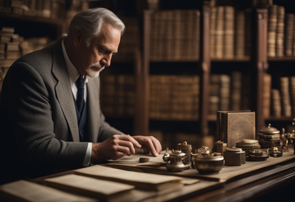 An antique investor carefully examines a valuable piece, surrounded by shelves of rare artifacts and historical documents