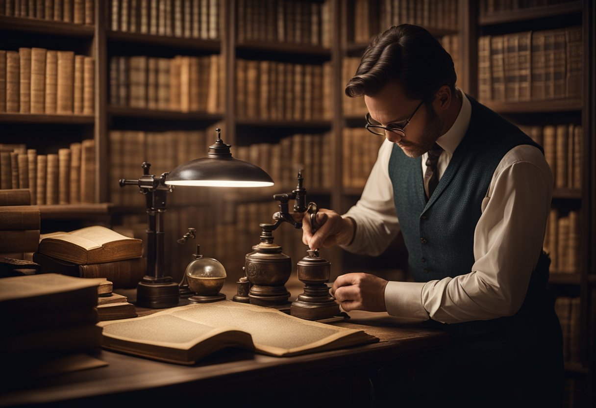 A well-lit study room with shelves filled with valuable antiques. A person carefully examines a rare artifact with a magnifying glass. A vintage map and old books add to the atmosphere