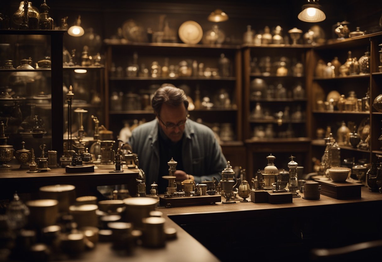 A well-lit room with a variety of antique items displayed on shelves and tables. A person carefully inspecting and appraising the items with a magnifying glass