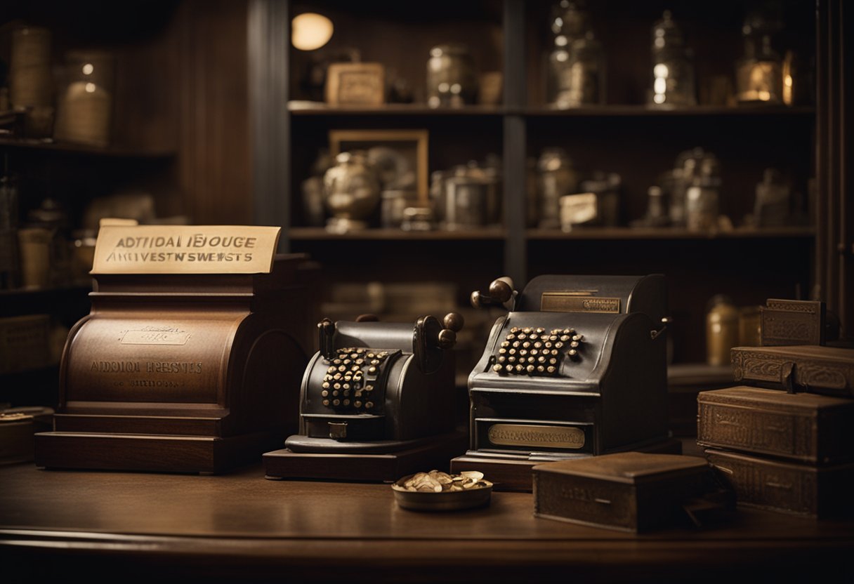 A dimly lit room with shelves filled with antique items. A vintage cash register sits on a counter. A framed sign reads "Additional Resources Antique Investments."