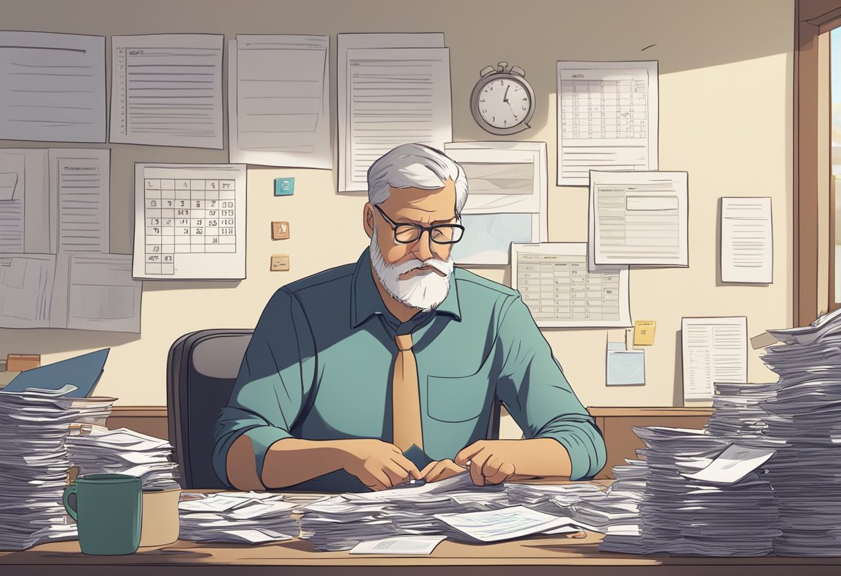 A person sitting at a cluttered desk, surrounded by bills and financial documents. A calendar on the wall shows the date of retirement. The person looks stressed and worried