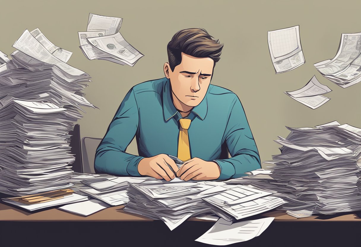 A person sitting at a cluttered desk, surrounded by bills and financial documents. They look confused and stressed, with a look of regret on their face