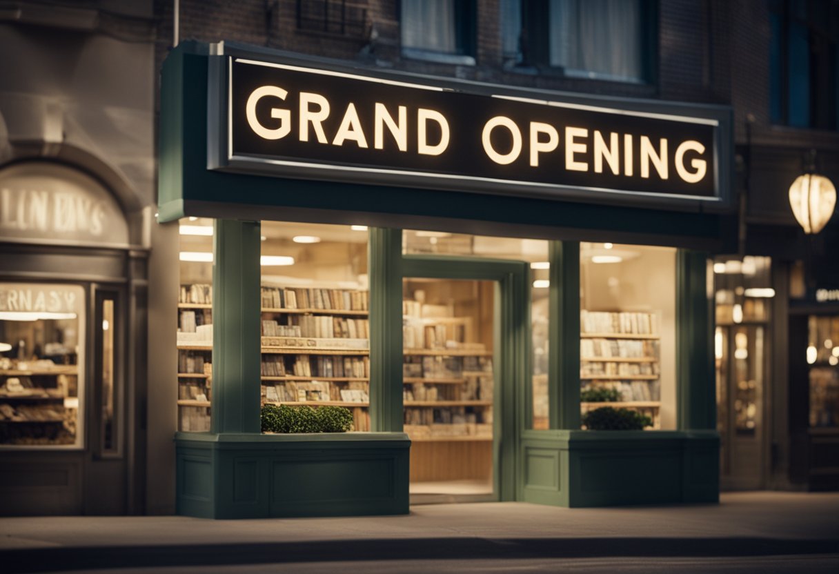 A storefront with a "Grand Opening" sign, surrounded by bustling foot traffic. A stack of financial books and a growing money tree in the window display