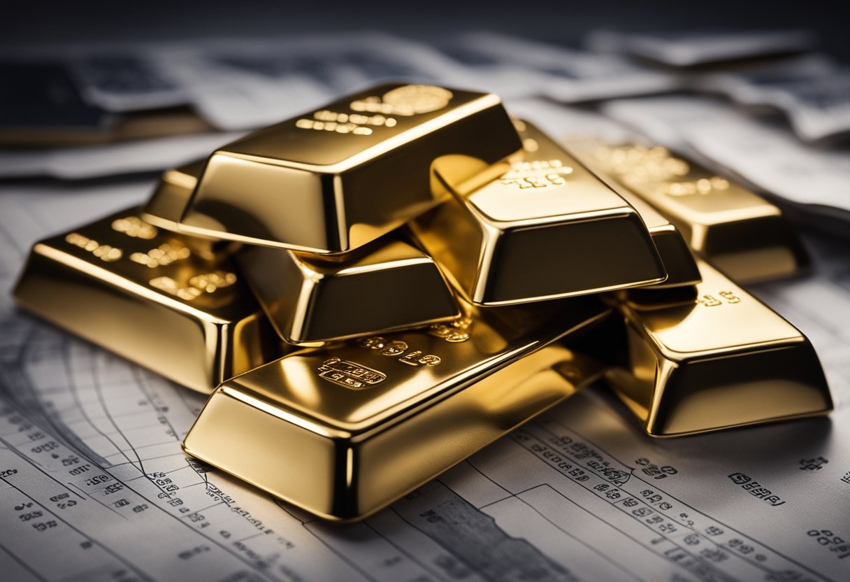 A stack of gold bars and silver coins, surrounded by financial charts and graphs, with a growing plant symbolizing wealth
