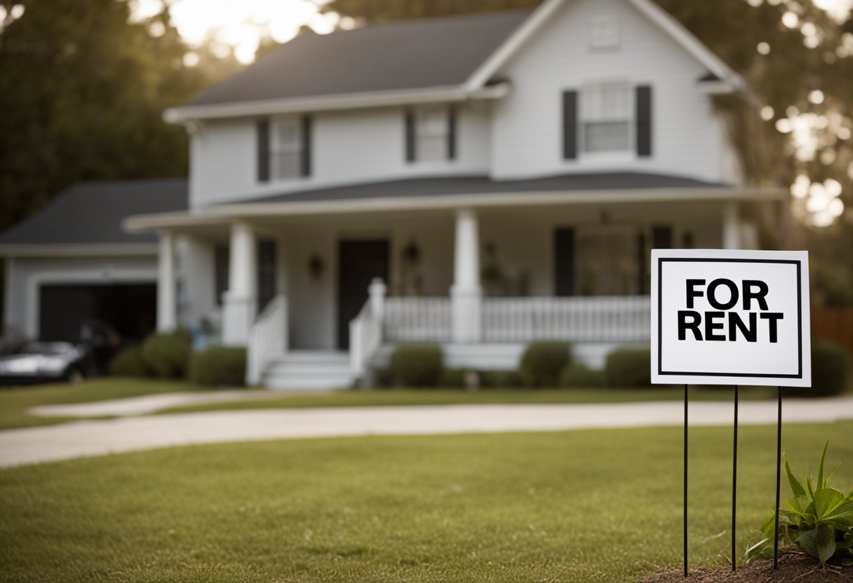 A house with a "For Rent" sign in the yard, surrounded by other rental properties. A mailbox overflowing with rent checks. A chart showing increasing rental income over time