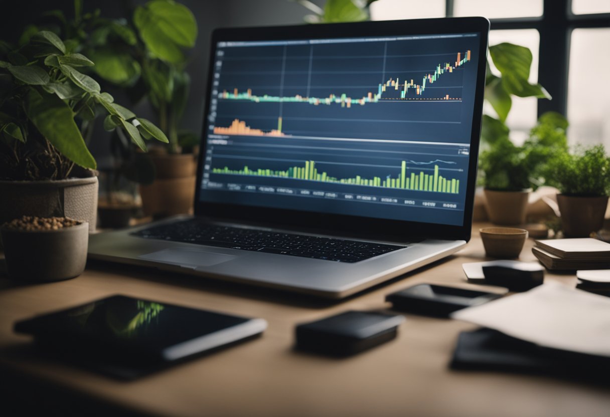 A computer screen shows various cryptocurrency charts and graphs, while a stack of books on investing sits nearby. A plant adds a touch of greenery to the desk