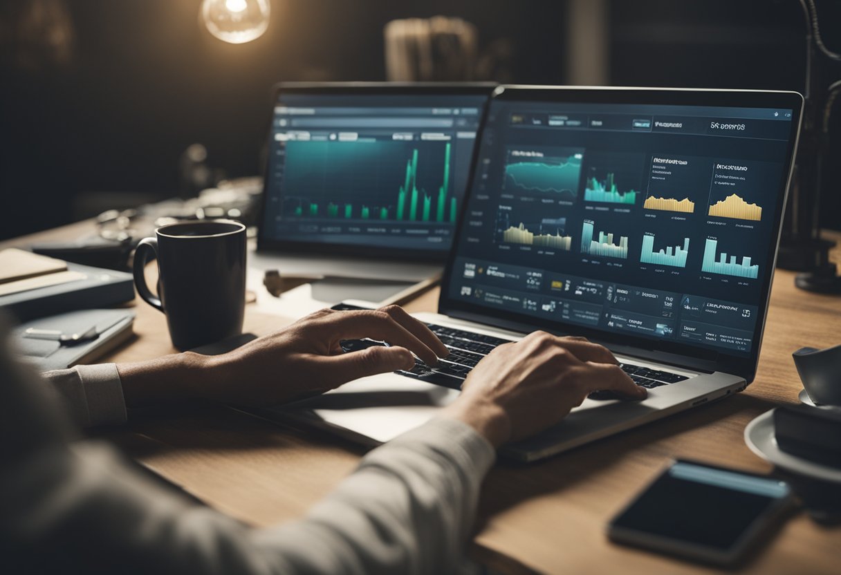 A person working on a laptop surrounded by various tools and resources. A chart showing different ways to grow wealth is displayed on the screen