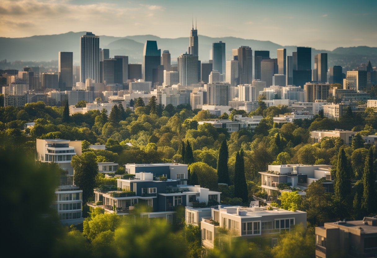 A vibrant city skyline with various types of real estate properties, from modern high-rise buildings to quaint residential homes, surrounded by lush greenery and bustling commercial areas