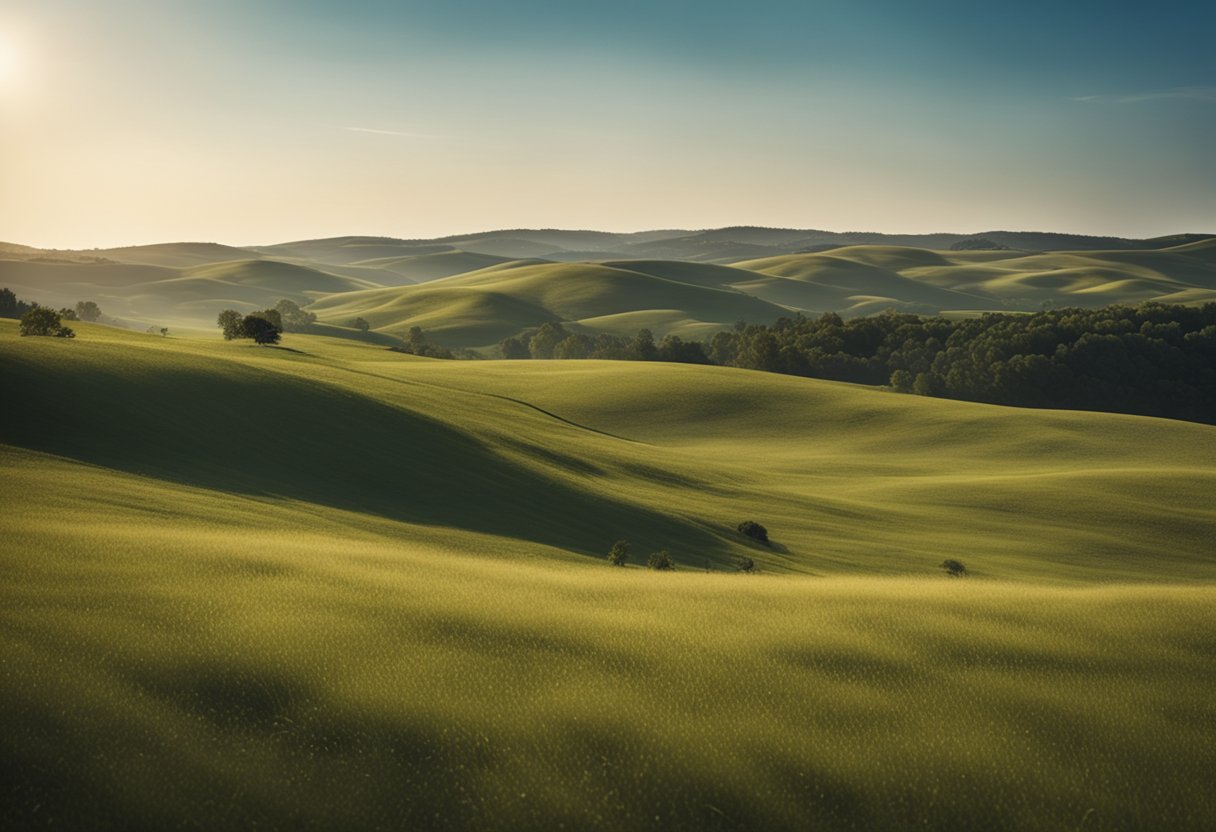 A vast expanse of undeveloped land with rolling hills and open fields, surrounded by a few scattered trees and a clear blue sky overhead