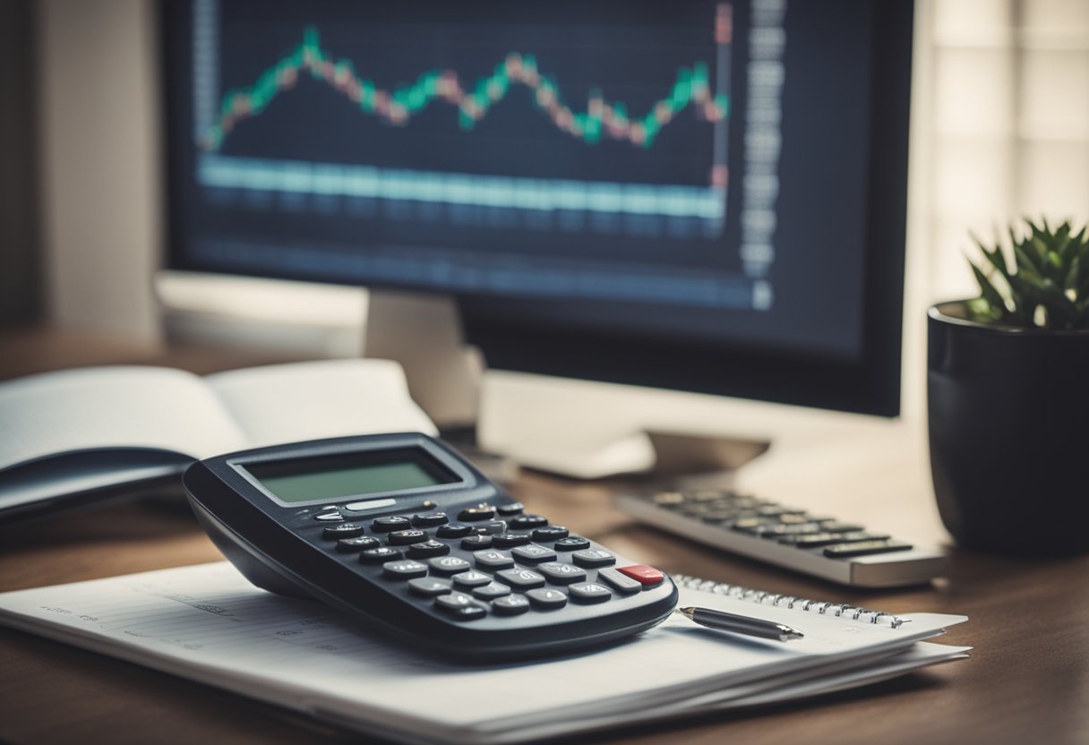 A desk with a computer, calculator, and financial planning books. A chart showing different investment options and retirement income strategies