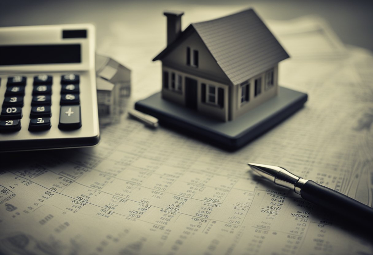 A stack of dollar bills, a calculator, a graph showing an upward trend, a key symbolizing ownership, and a house with a "sold" sign