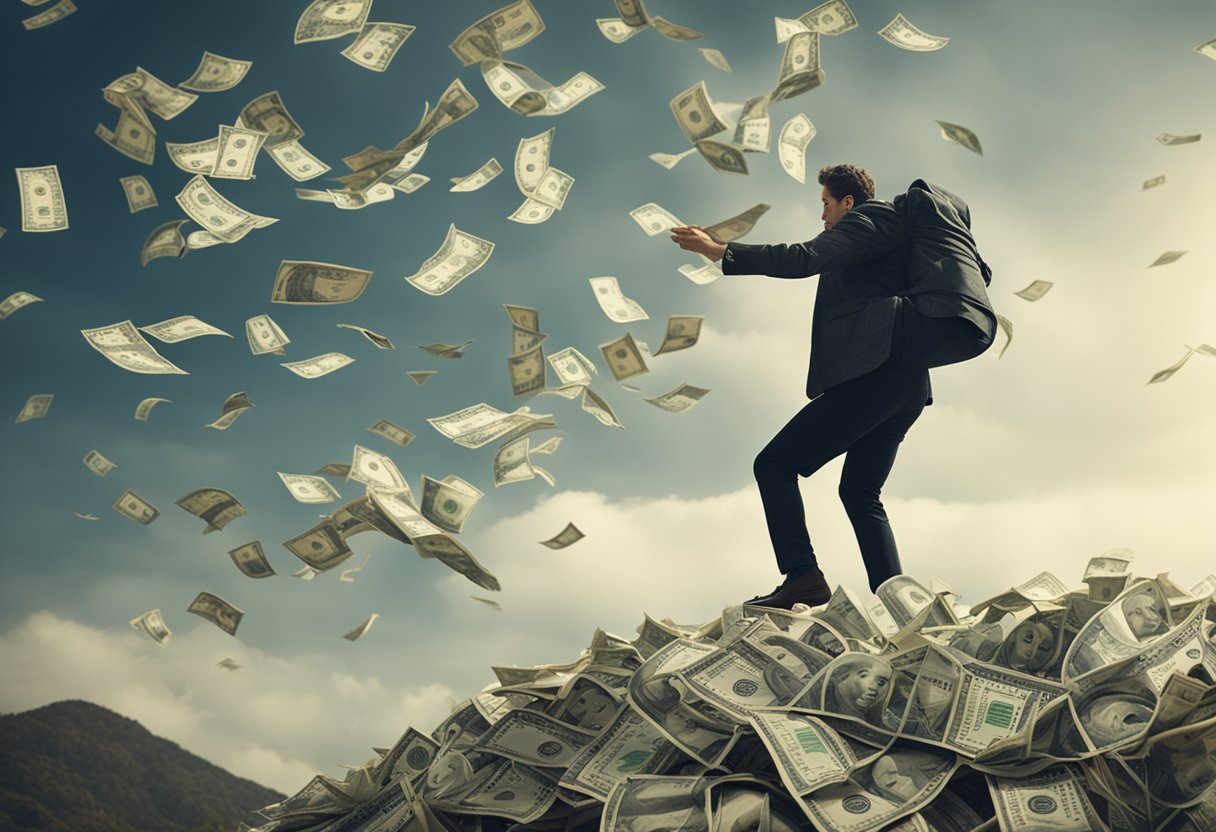 A person climbing a steep mountain of dollar bills, with a roadblock of bills falling down in front of them