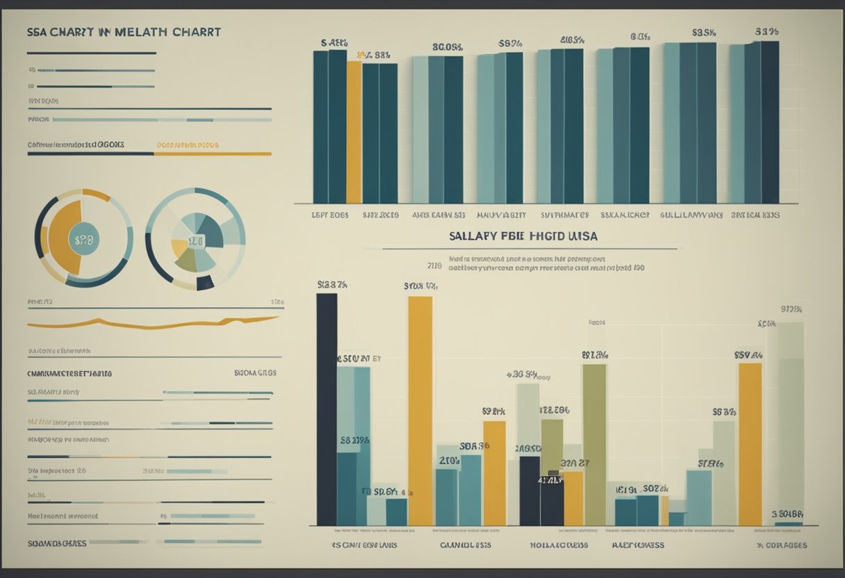A bar graph and pie chart display salary and wealth data in the USA, with labeled axes and key statistics highlighted