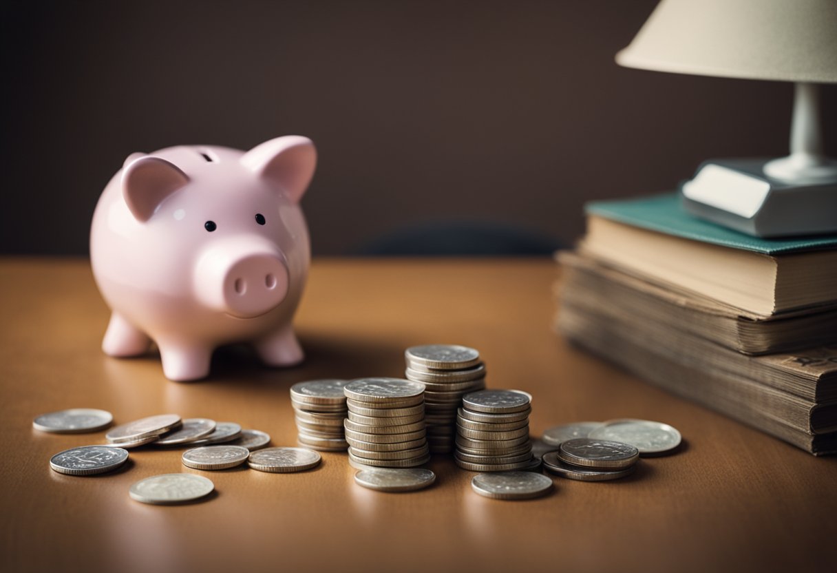 A piggy bank sits on a desk, with coins and dollar bills being deposited into it. A calendar on the wall shows 30 days crossed off. A stack of financial books is nearby