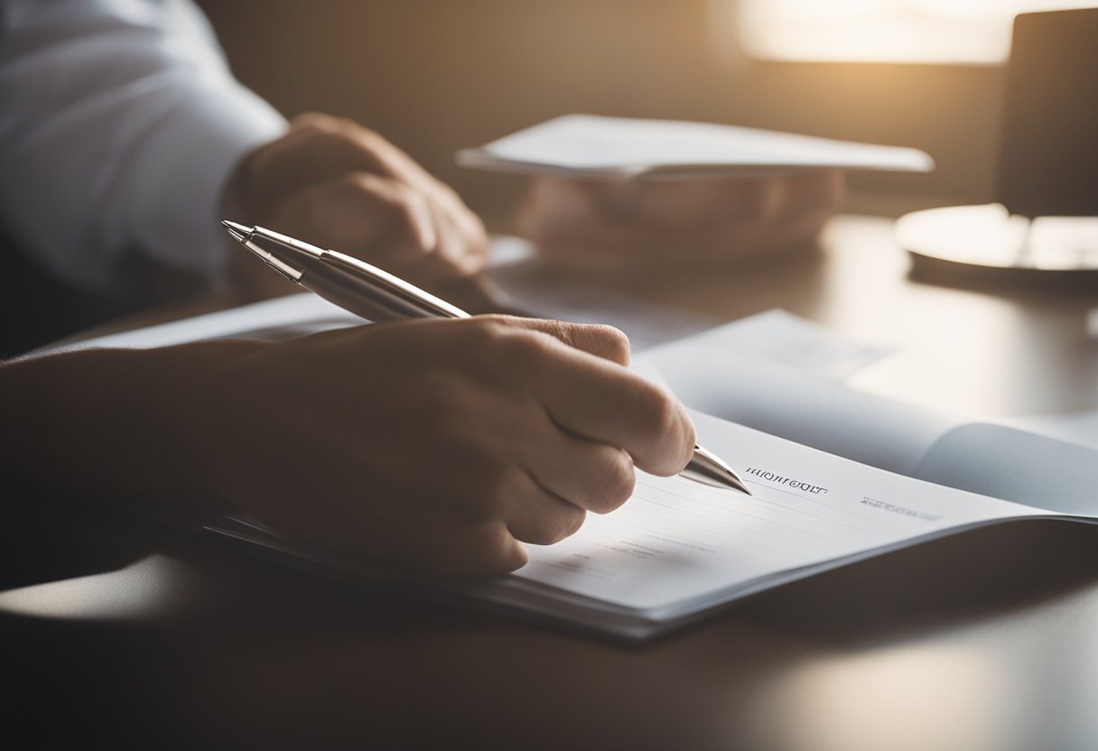 A hand reaches out to open a sleek, modern-looking High-Yield Savings Account booklet. The background is a clean, organized desk with a computer and pen nearby