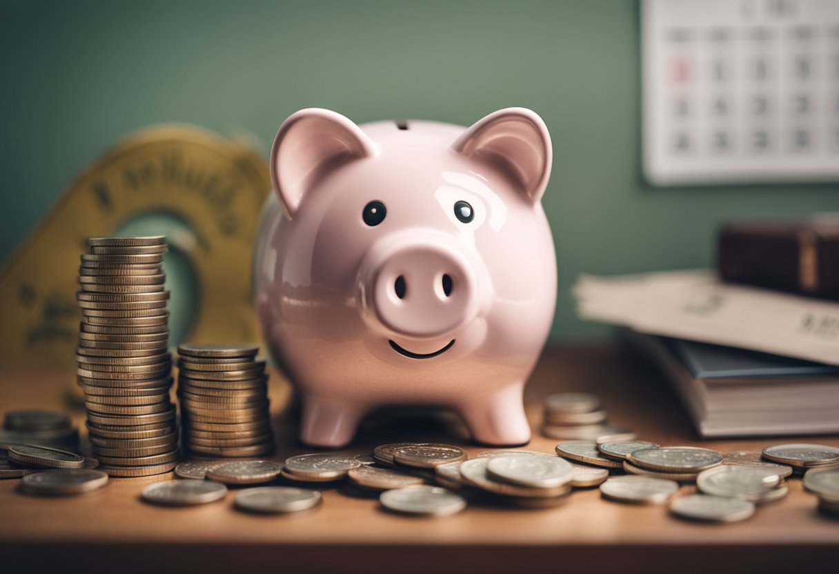 A piggy bank sits on a shelf, surrounded by coins and bills. A calendar with 30 days is marked off, signifying progress in building an emergency fund