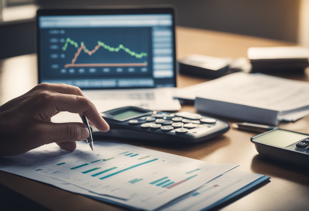 A person sitting at a desk, surrounded by financial documents and a computer, with a calculator and pen in hand, while looking at a chart showing the growth of a 401(k) or IRA over time