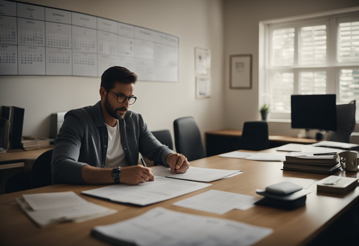 A person sitting at a desk, reviewing a detailed credit report with a focused expression. A calendar on the wall shows 30 days. The room is tidy and well-lit